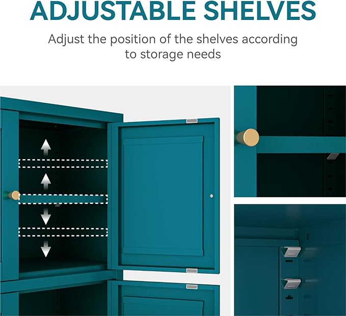 Metal Bathroom Storage Cabinet, Freestanding Pantry Floor Cabinet with 4 Doors and 2 Adjustable Shelves for Living Room, Dining Room, Kitchen (Blue, 43.3" H-4 Doors)