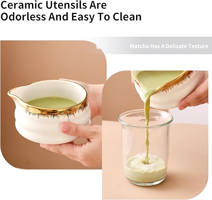 Spouted Matcha Bowl – 7-Piece Matcha Whisk Set, Golden-Textured White Porcelain Matcha Utensils, for Home Use & Matcha Enthusiasts