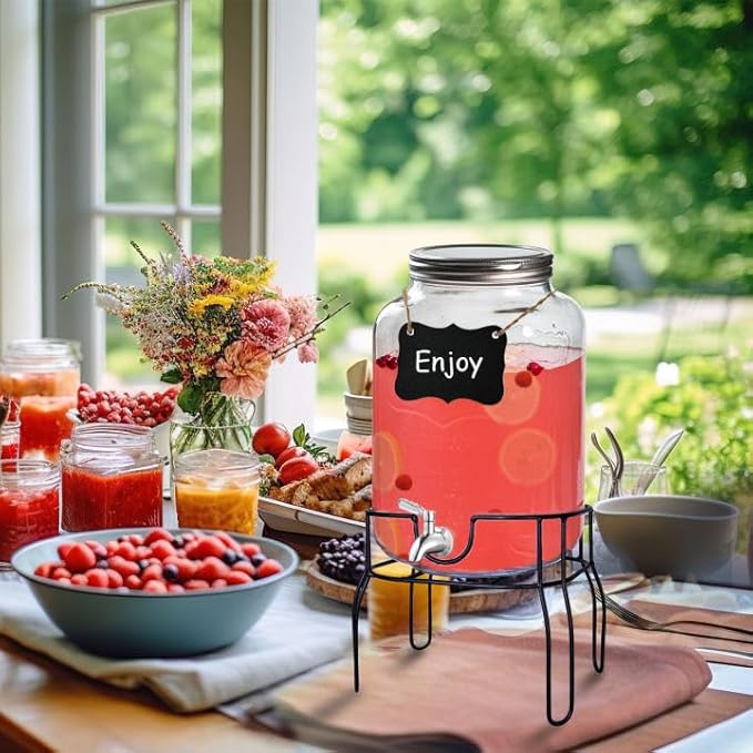 2 Gallon Drink Dispensers for Parties with18/8 Stainless Steel Spigot and Stand, Juice Jug Beverage Dispensers Glass Water Dispenser Lemonade Dispenser Sun Tea Glass Jar for Outside