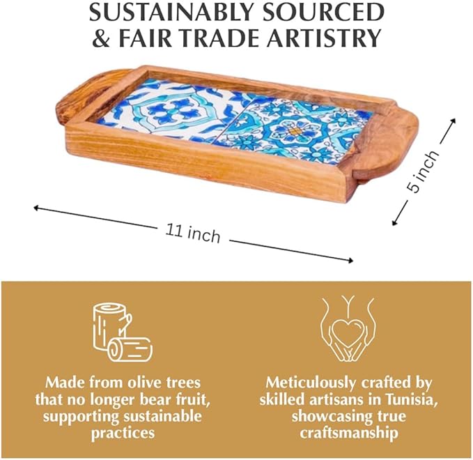 Kamsah Olive Wood Serving Tray with Handles (L:11”, W:5”) Decorative Rectangle Serving Trays for Serving Food, Drinks, Tea, Coffee -Rustic Vintage Wooden Serving Tray for Table & Gifts - Sidi Bou Said
