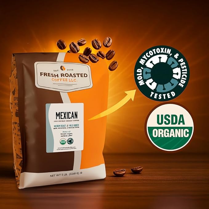 Fresh Roasted Coffee, Organic Mexican | Mold & Myco 3rd Party Tested, USDA Organic, Kosher | Medium Roast 2 lb (32 oz) Whole Bean