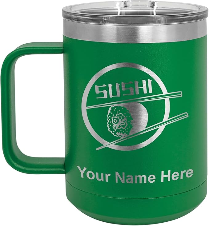 LaserGram 15oz Vacuum Insulated Coffee Mug, Sushi, Personalized Engraving Included (Green)