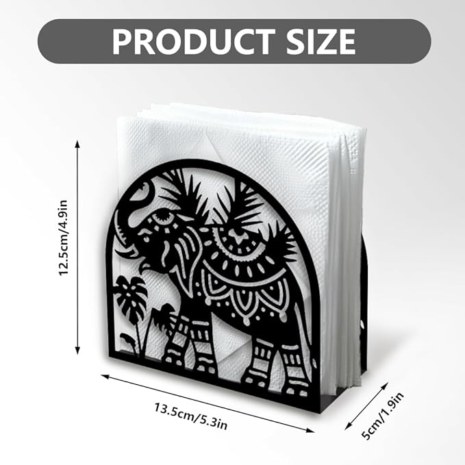 Elephant Decorative Black Metal Napkin Holder for Table, 5.3" x 4.9" x 1.9" Animal Leaf Standing Napkin Holder for Home Kitchen Restaurant Picnic Party Coffee Bar Dining Room
