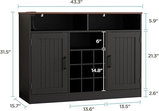 MHOM Farmhouse Buffet Cabinet with Prower Outlets, Rustic Sideboard Buffet with Wine Rack, Wooden Buffet Table for Dining Room, Antique Black