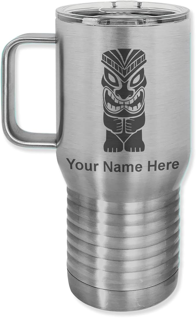 LaserGram 20oz Vacuum Insulated Travel Mug with Handle, Tiki Statue, Personalized Engraving Included (Stainless Steel)