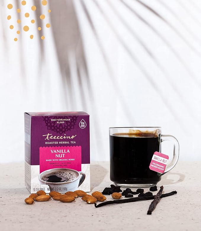 Teeccino Vanilla Nut Herbal Tea - Rich & Roasted Herbal Tea That’s Caffeine Free & Prebiotic for Natural Energy, 10 Tea Bags (Pack of 6)