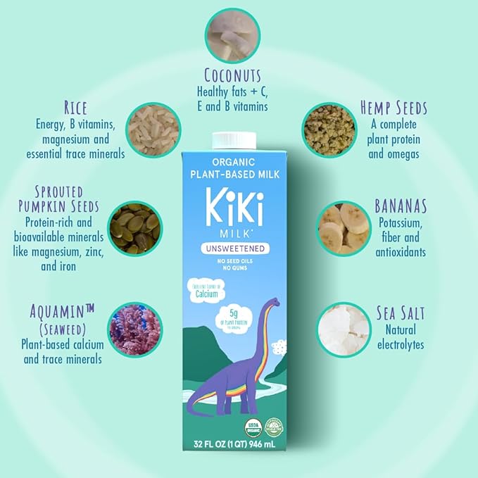 Kiki Milk Plant Based Milk - Organic Unsweetened Kiki Milk - Calcium & Magnesium Source - Gluten Free, Gum Free, GMO Free, Dairy Free, Soy Free, Glyphosate Free - Shelf Stable - (32 oz • Pack of 6)
