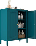 Metal Bathroom Cabinet, Small Floor Storage Cabinet, Freestanding Sideboard with 2 Adjustable Shelves for Living Room, Dinging Room (Blue, 31.5" H-2 Doors)