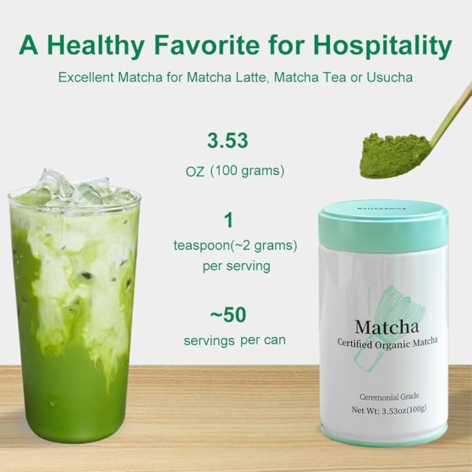 MatchAdmire Ceremonial Grade Matcha Powder, Organic Green Tea Powder, Rich Flavor,100% Vegan with No Fillers, Radiation-Free, 3.53oz Tin