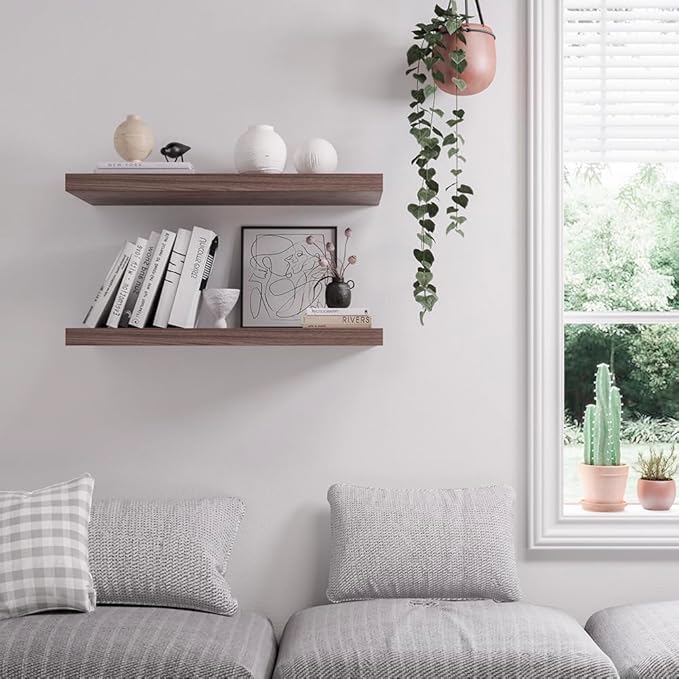 Floating Shelf, Set of 1 Wall Shelf, 24 in W x 12.75 in D x 2 in H Wooden Floating Wall Shelf with Invisible Brackets for Living Room/Bedroom/Bathroom/Kitchen Storage and Decor, Walnut