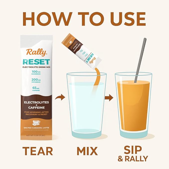 Rally Reset Instant Coffee Packets – Salted Caramel Latte Mix with MCT Oil, Caffeine, Vitamin B12 & Vitamin C – Functional Single-Serve Coffee Sticks, Low Sugar | 36 Sticks