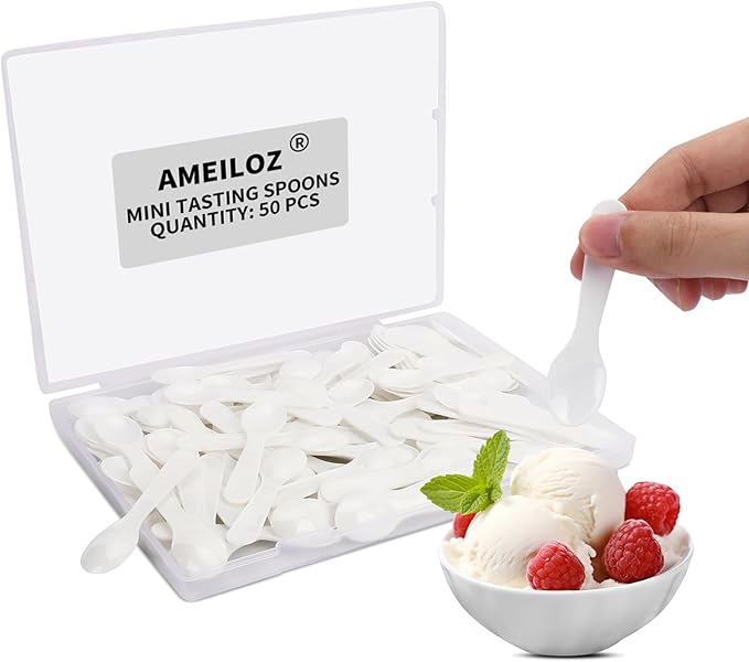 50PCS 3" Mini Tasting Spoons Tiny Plastic Taster Spoon for Yogurt Pudding Jello Shots Ice Cream, Extra Small Sample Micro Spoons (White)
