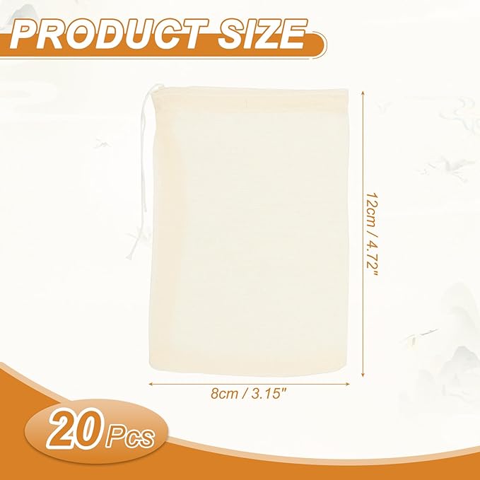 uxcell 20 Pcs Spice Bags for Cooking, 5x3 in Reusable Empty Tea Bags Muslin Strainer Cotton Cheese Cloth for Loose Leaf Tea Sachet Straining Soups Herbs, Beige