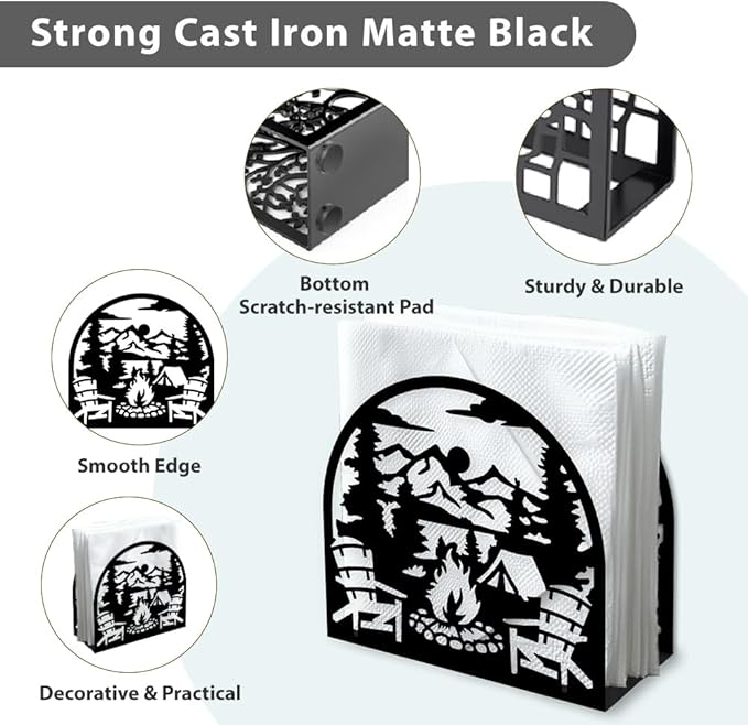 Camping Bonfire Outdoors Decorative Black Metal Napkin Holder for Table, 5.3" x 4.9" x 1.9" Mountain Standing Napkin Holder for Home Kitchen Restaurant Picnic Party Coffee Bar Dining Room