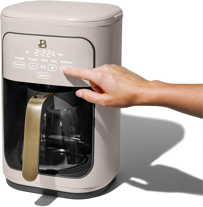 Beautiful 14-Cup Programmable Single Serve Drip Coffee Maker with Touch Display - Automatic Coffee Machine with Timer for Home & Office - by Drew Barrymore (Porcini Taupe)