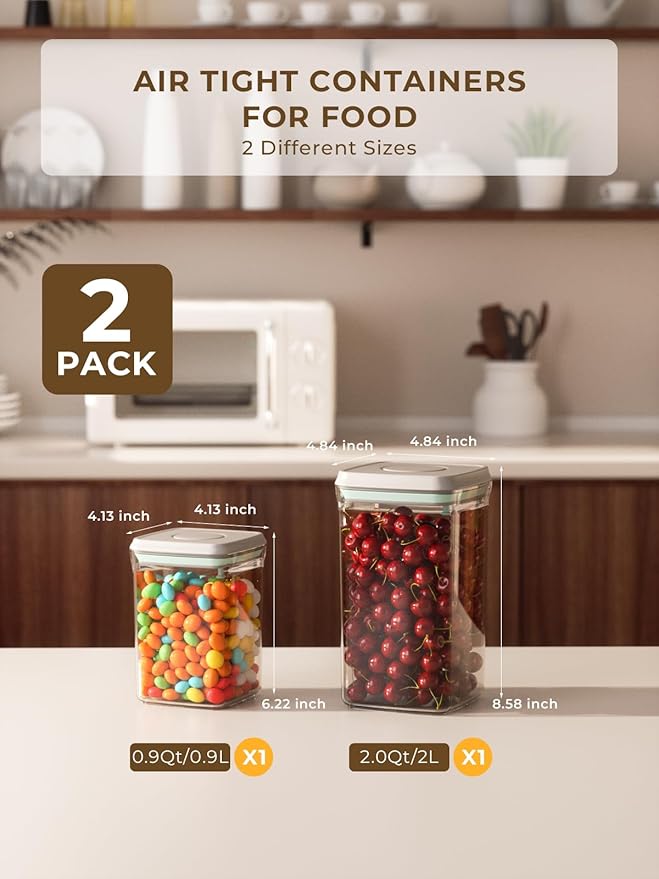 Airtight Pop Food Containers, 2-Piece Leakproof Cereal Containers Pantry Storage Containers with Lids - (2.0 Qt & 0.9 Qt)