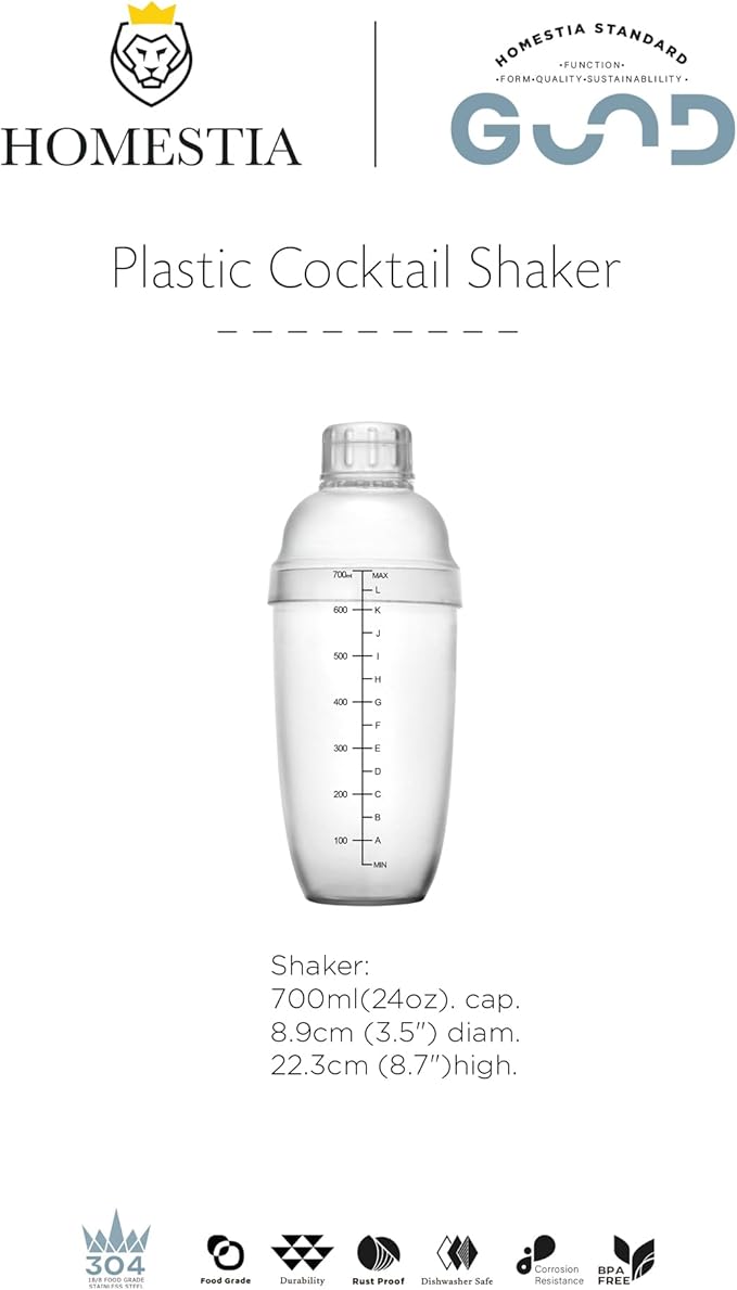 Homestia 3 Pack Plastic Cocktail Shaker with Extra 3 Caps, 700cc / 24 oz Clear Boba Tea Cup Matcha for Milk Wine Coffee Mixing, Bar Tool Hand Drink Mixer w/Scales and Strainer Top Clear Shaker Cup