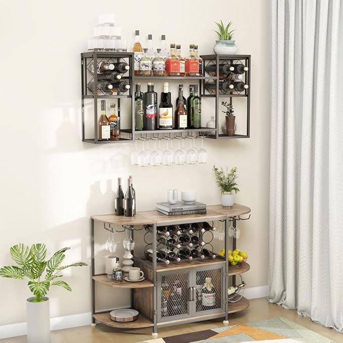 Metal Wall Mounted Wine Rack 2 Tier, Bar Shelves for Liquor Bottles with Glass Holder Storage, Floating Liquor Wall Shelf for Home Bar Kitchen Dining Room (Black)