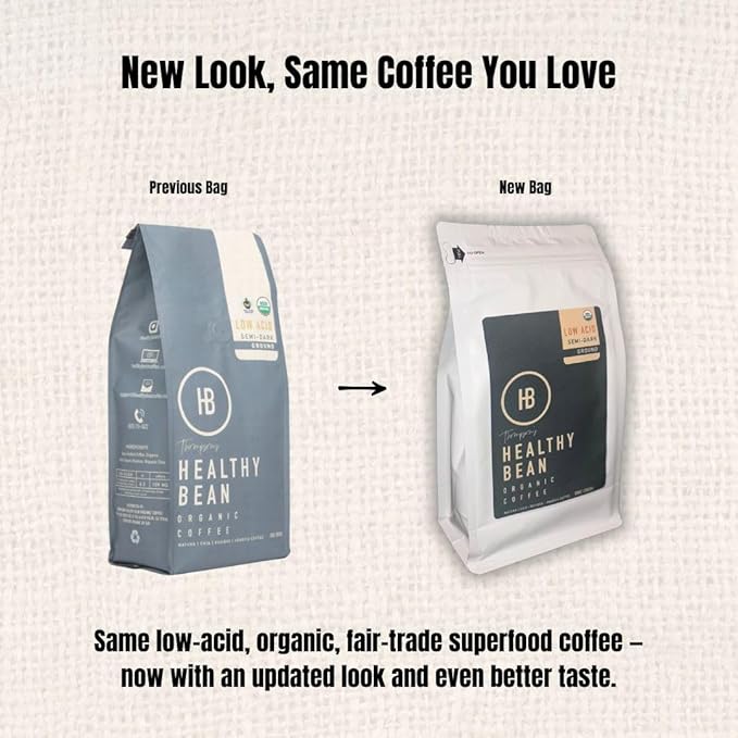Healthy Bean Organic Low Acid Coffee Ground - USDA Organic Mold-Free, Superfood Infused, Clean and Healthy - Low Acid for Sensitive Stomachs - Semi-Dark Roast Ground Coffee, 10oz (1-Pack)