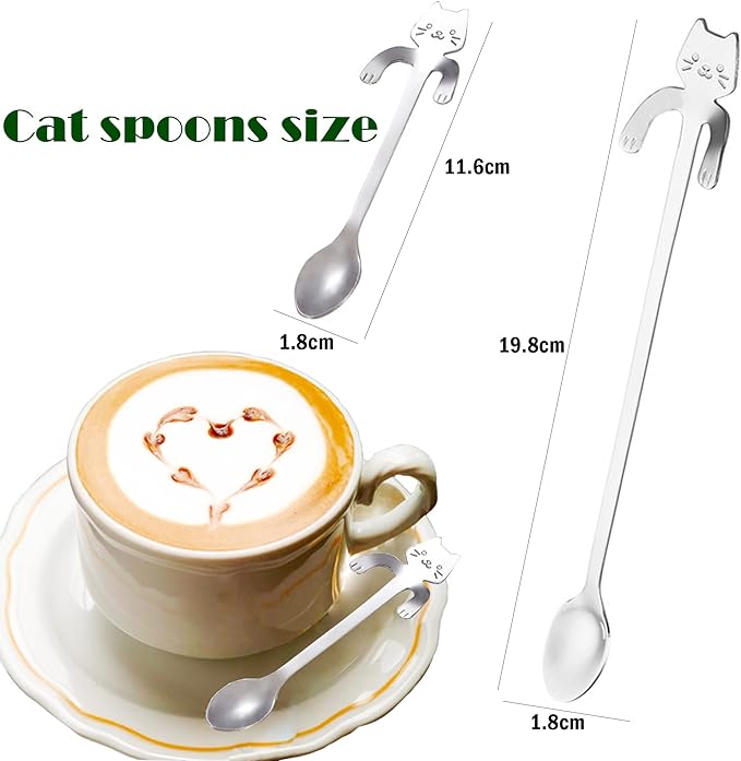 6 PCS Cat Spoon Coffee Tea spoon Set, ESRISE Stainless Steel Mini Long Cute Kitten Stirring Teaspoons for Dessert Drink Mixing Milkshake (Silver)