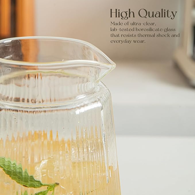 2PCS Ribbed Glass Pitcher Set – 71oz Heat-Resistant Beverage Jugs with Lid for Water, Iced Tea, Juice, Coffee – Large Borosilicate Carafes for Hot & Cold Drinks, Elegant Serving Pitchers (Clear-2PCS)