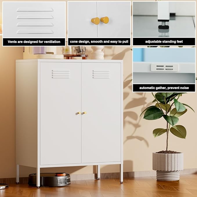 White Metal Storage Cabinet, Kitchen Cupboard with Adjustable Shelves, Side Table Storage with Doors,2 Door Locker Cabinets for Small Home,Office,Kitchen,Dining Room