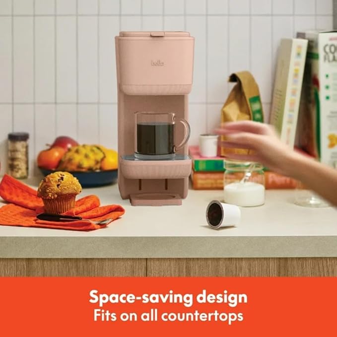 Single-Serve Bella Coffee Maker – Compact 6oz–14oz Brewer for Ground Coffee or Pods, One-Touch Operation, Adjustable Drip Tray, 35oz Water Tank, Travel Mug Friendly, Dishwasher-Safe Parts