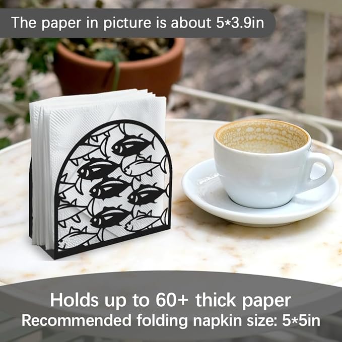 School of Fish Decorative Black Metal Napkin Holder for Table, 5.3"x4.9"x1.9" Shoal of Fish Ocean Animal Standing Napkin Holder for Home Kitchen Restaurant Picnic Coffee Bar Dining Room