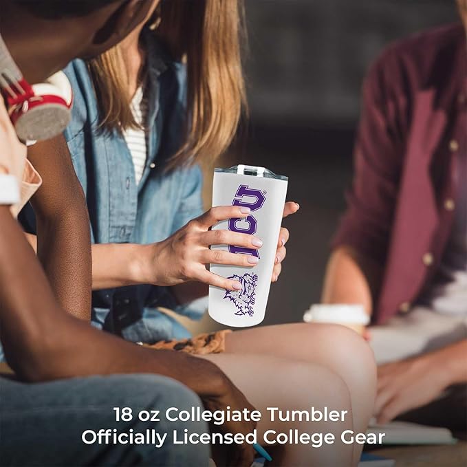 Campus Colors NCAA Stainless Steel Tumbler perfect for Gameday - 18 oz - Double Walled - Keeps Drinks Perfectly Insulated (TCU Horned Frogs - White)