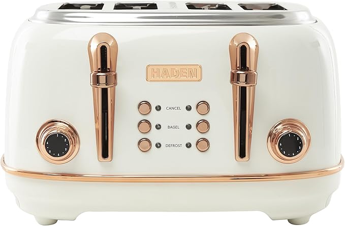 Haden Heritage 4 Slice Wide Slot Stainless Steel Toaster with Adjustable Browning Control & Non-Slip Feet, Ivory & Copper