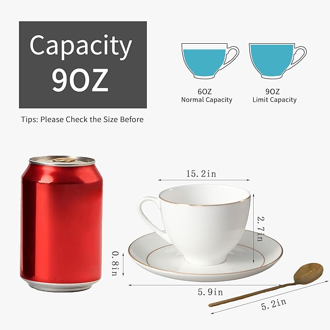 Bone China Tea Cups and Saucers Set (7 oz, Set of 4) – White Luxury Fine Porcelain Mugs for Tea, Coffee, Latte Art, Barista Use, Elegant Gifting