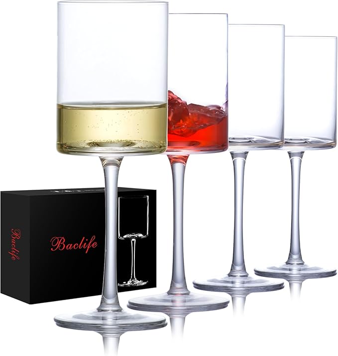 Wine Glasses Set of 4 - Hand Blown wine glass 15oz in Gift Packaging - Large White Wine Glass on Long Stem - Unique Modern Shape - For Wedding, Anniversary, Mother’s Day