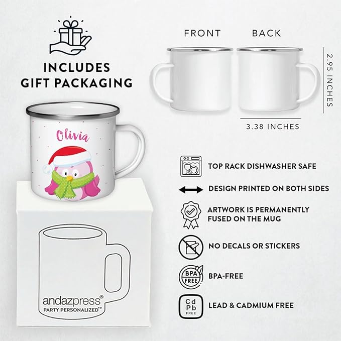 Andaz Press Personalized Name 11oz. Kids Christmas Hot Chocolate Stainless Steel Campfire Coffee Mug, Festive Pink Owl, 1-Pack, Custom Birthday Xmas Cup Hot Chocolate Mugs For Kids Christmas Mugs