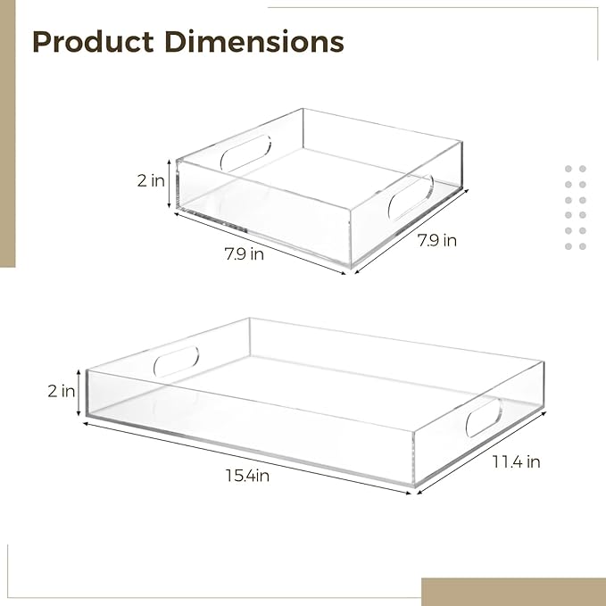 2-Pack Acrylic Trays, Clear Serving Trays with Handles 15.4x11.4" & 7.9x7.9", Decorative Vanity Trays for Bathroom, Countertop, Food Display, Smooth Edge Drawer Organizers