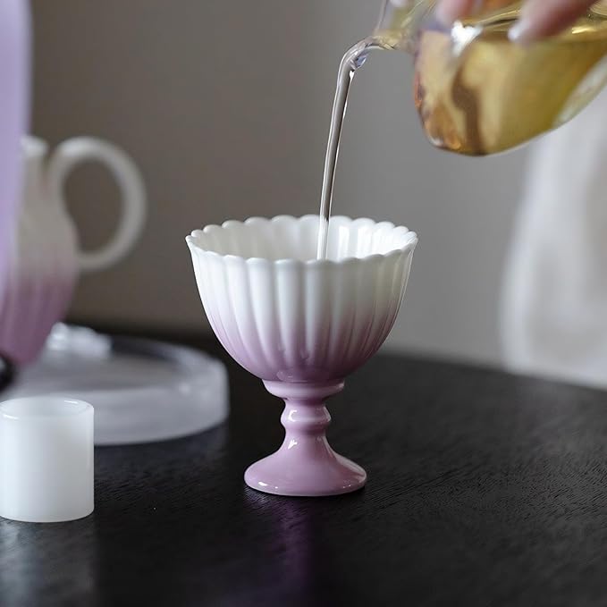KAMMAK Tea Cup, 1.8oz Small Tea Set of 2, Porcelain Tea Cups with Short Stem, Ceramic Teacups for Home, Tea Party, Chinese Kungfu Tea Set for Hot/Cold Drink (Chrysanthemum - Purple)