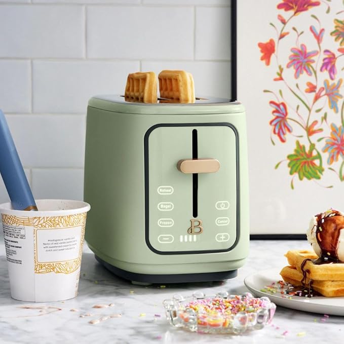 Beautiful 2-Slices Touchscreen Toaster with Digital Display, 7 Shade Settings, Bagel/Frozen Presets, Extra-Wide Slots, 900W (Sage Green)