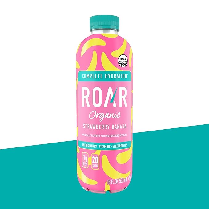 Roar Complete Hydration Organic - Electrolyte Drinks Loaded with Vitamins C, B5, B12 - Non-GMO, Gluten-Free - Strawberry Banana - 12 pc