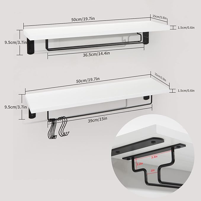 Afuly Coffee Bar Shelf, 20 Inch Wall Mounted Shelves for Mugs & Glasses, Floating Shelves with 8 Hooks, Coffee Cup Wall Holder, Set of 2