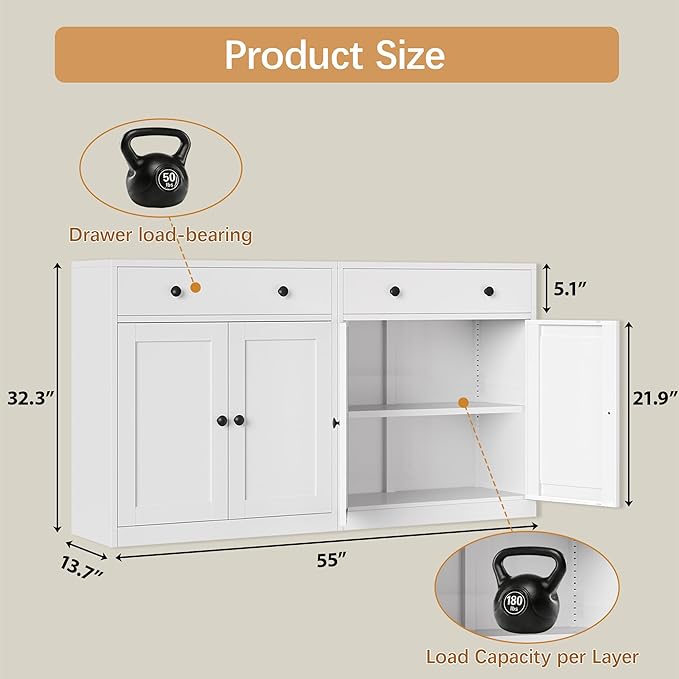 Metal Storage Cabinet with 2 Doors and 1 Drawer，Farmhouse Buffet Cabinet with Storage，32.3" H Coffee Bar Cabinet with Storage for Kitchen, Dining Room, Living Room, White