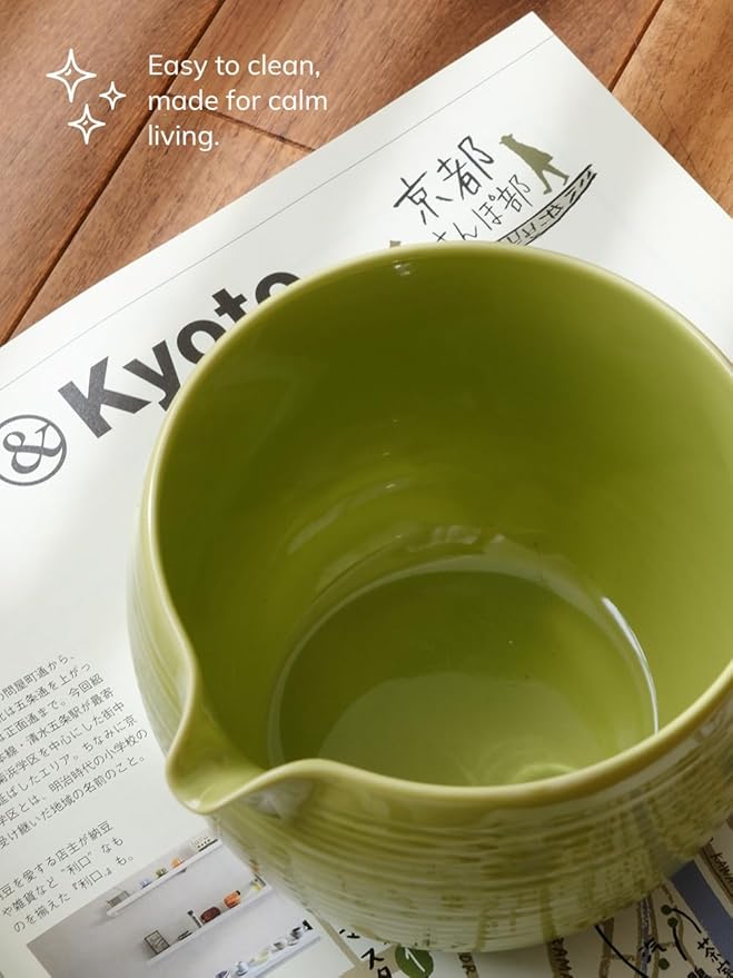 Matcha Whisk Set, Ceramic Matcha Bowl & Whisk Holder, Bamboo Accessory, Modern Design (Avocado Green, Pouring Spout)