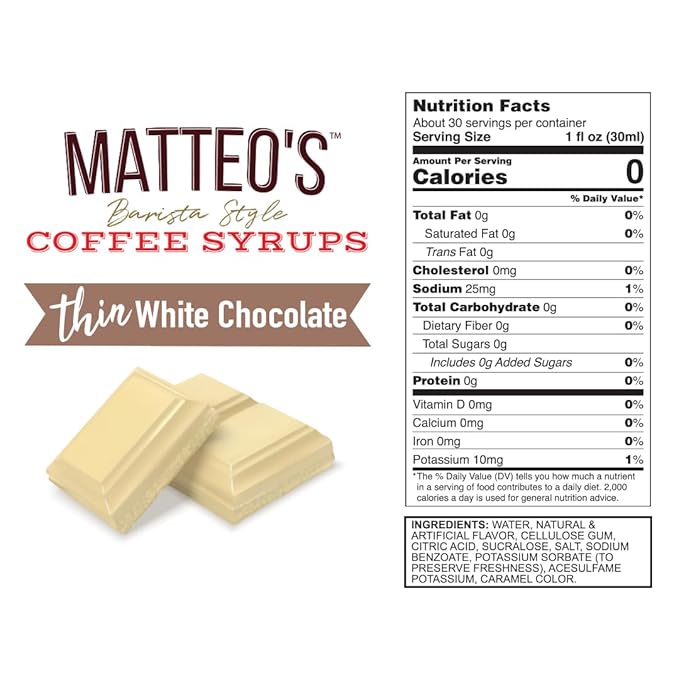 Matteo's White Chocolate Syrup for Coffee, Lattes, Cappuccinos & Desserts – Sugar-Free Sweetener for Beverages, Keto Friendly, Zero Calories, Indulgent Flavor, Non-Alcoholic, 33.8oz (6pk)