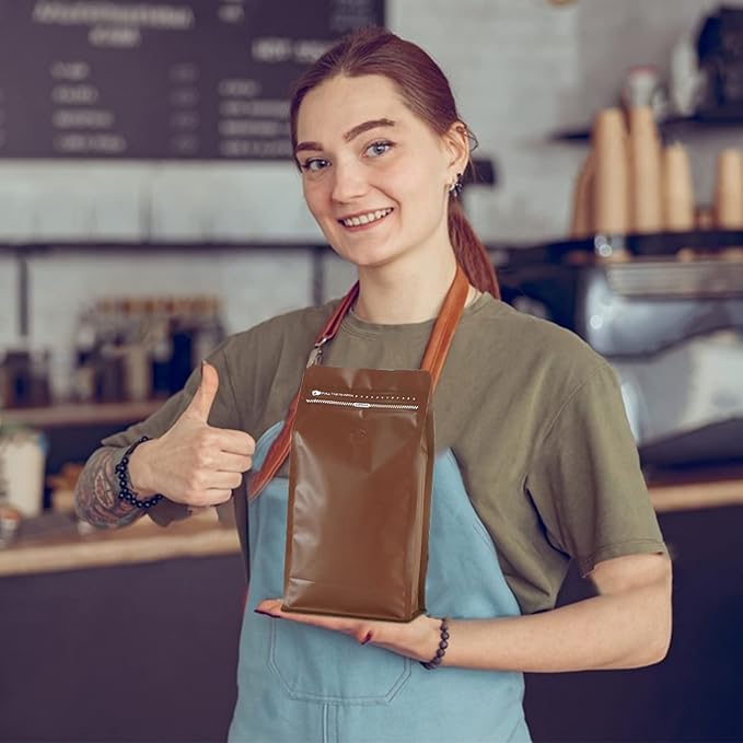 REMTAP Coffee Bags with Valve(50pcs,16 oz) Brown High Barrier Aluminumed Foil Flat Bottom Standing Coffee Beans Storage Bags,Reusable Heat Sealable Side Zipper Pouches for Home or Store