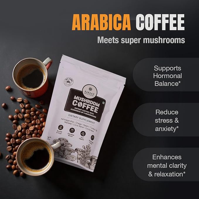 Mushroom Coffee | 6 Adaptogen Mushrooms | Premium Instant Coffee with Benefits of Lion's Mane, Chaga & Turkey Tail for Better Focus, Immune Support, Energy, Digestion & Skin | 30 Servings