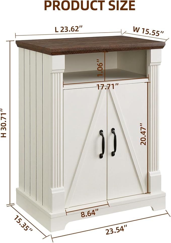 24" Farmhouse Storage Cabinet – Antique White Freestanding Buffet Sideboard with Barn Doors, Adjustable Shelf, Small Coffee Bar for Kitchen, Bathroom & Living Room
