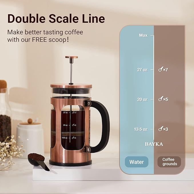 BAYKA 34oz 1 Liter French Press Coffee Maker, Christmas Coffee Lover Gifts Basket Set, Heat Resistant Thickened Borosilicate Glass Stainless Steel Brewer, Cold Brew Cafetera Teapot for Kitchen, Copper