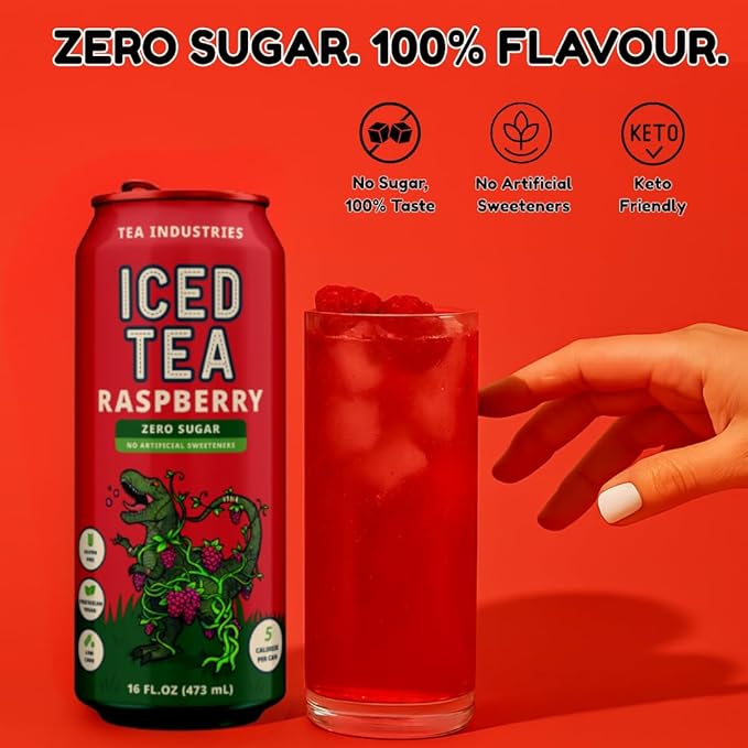 Tea Industries Black Tea with Raspberry Iced Tea – Sugar Free, Low Calorie Refreshing Drink, Natural Fruity Flavor, 16oz Cans (12-Pack)