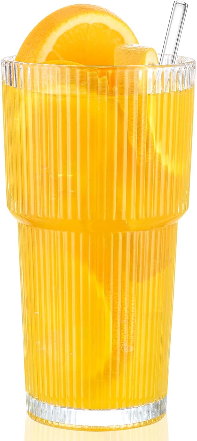 20 oz Glass Cups and Straw 2 Set, Glass Tumbler with Straw, Vintage Glassware for Whiskey Cocktail Beer, Iced Coffee Cups (2 PACK)