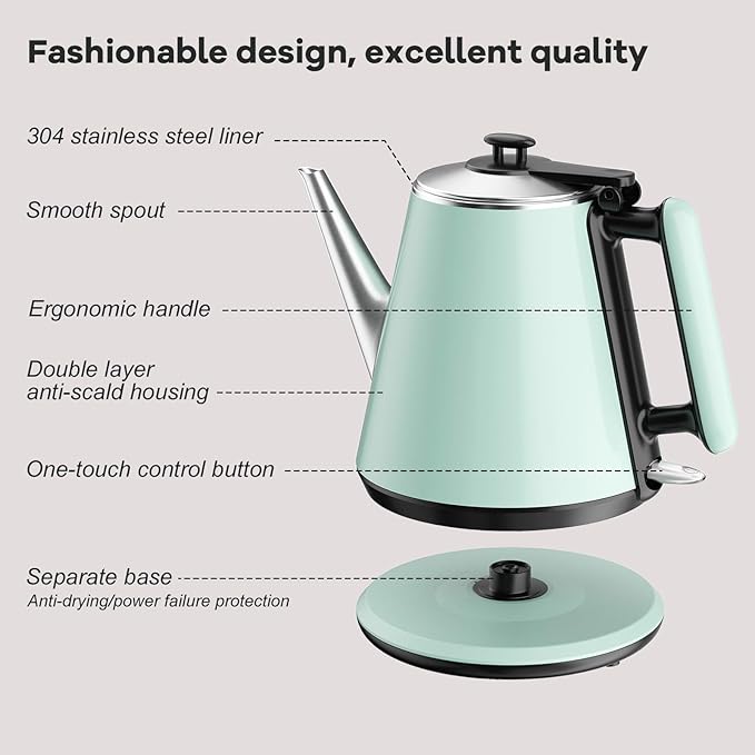 Small Electric Kettle 0.9L, 304 Stainless Steel Inner, 1000W Fast Boiling in 4-6 Mins, Vintage Compact Design with One Key Operation, Auto Shut Off, Dry Boil Protection, for Home, Office, Coffee Etc.