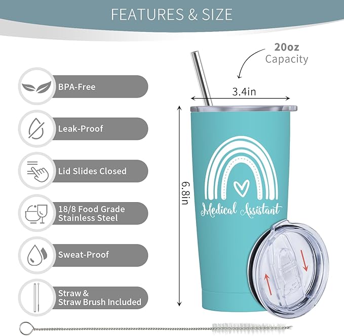 Medical Assistant Gifts for Women - Christmas Gifts for Medical Assistant - MA Appreciation Gift - MA Gift Ideas, 20 oz Stainless Steel Tumbler With Lid & Straw
