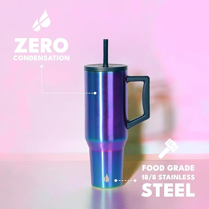 Elemental 40 oz Tumbler with Handle and Straw - Spill Proof Insulated Stainless Steel Commuter for Hot and Cold Beverages - Travel Coffee Mug with 2 Straws & Spill Proof Lid - 40oz - Iridescent